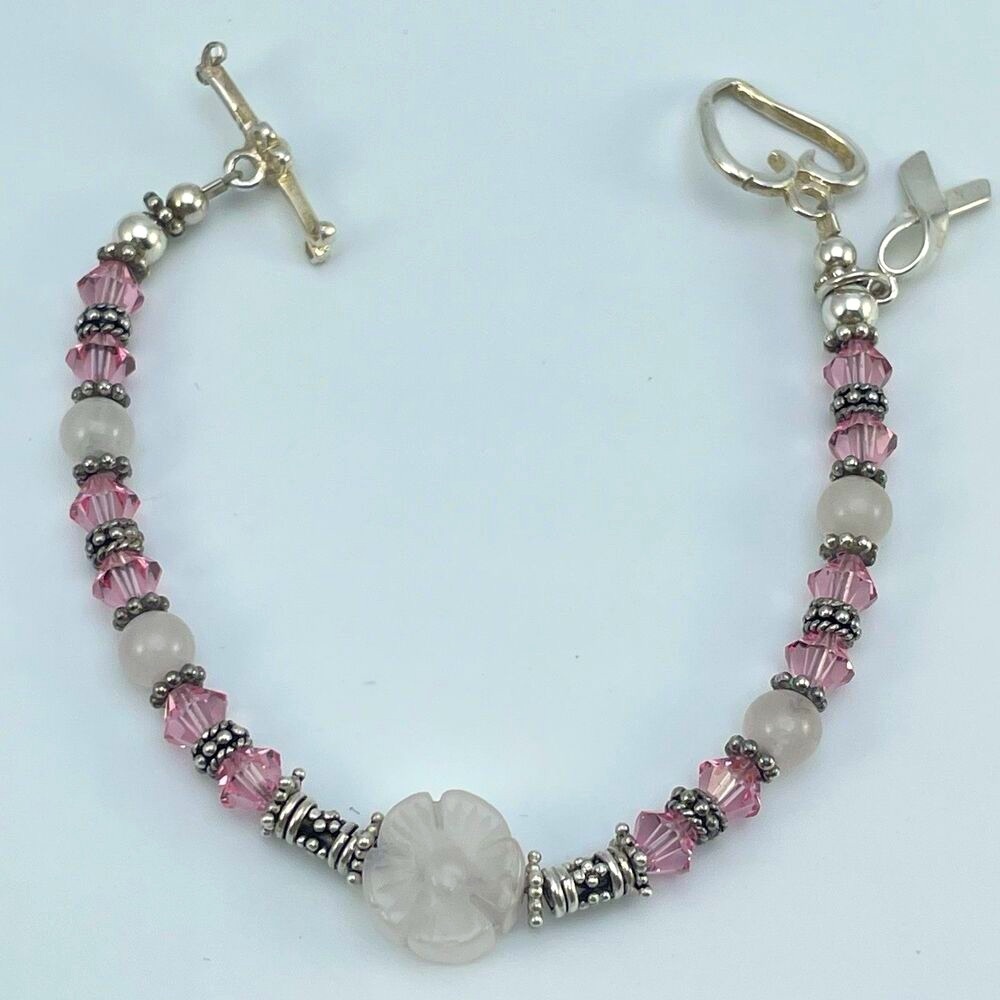 Bracelet Sterling Silver Flower Quartz Pink Crystal Beaded Breast Cancer Charm